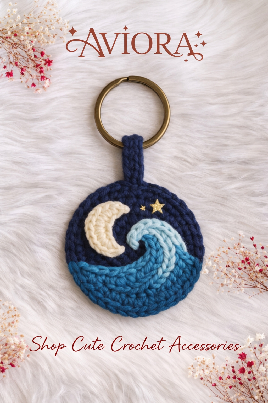 Starry Night Crochet Keychain | Handmade Moon & Ocean Wave Bag Charm