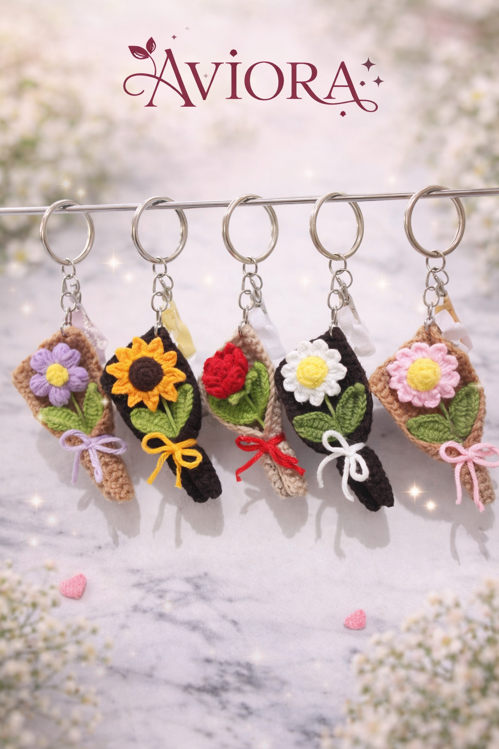 Handmade Crochet Flower Bouquet Keychain | Aesthetic Floral Bag Charm